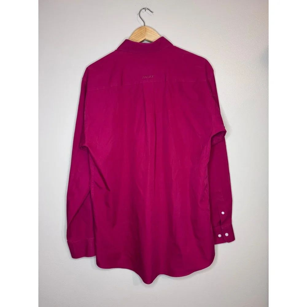 Ariat Mens Wrinkle‎ Free Button Down Shirt Magenta Pink Long Sleeve Medium M